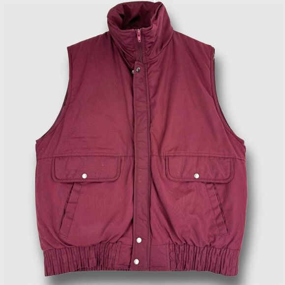 VTG 80s Puffer‎ Vest Mens Large Burgundy Retro Full Zip Sleeveless Jacket - Picture 1 of 6